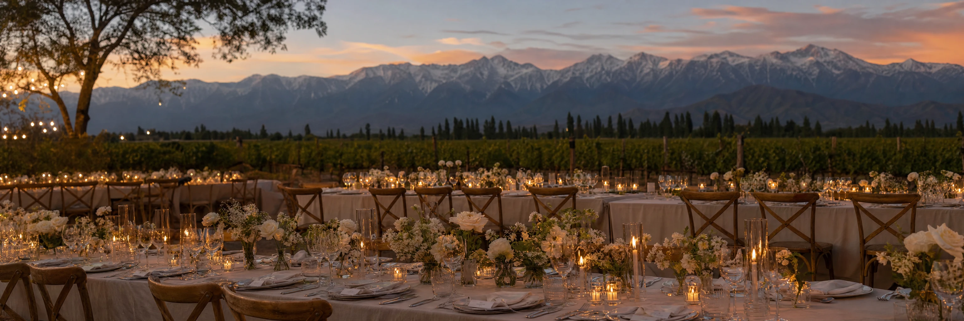 Mesa de recepción al aire libre con las montañas de Mendoza